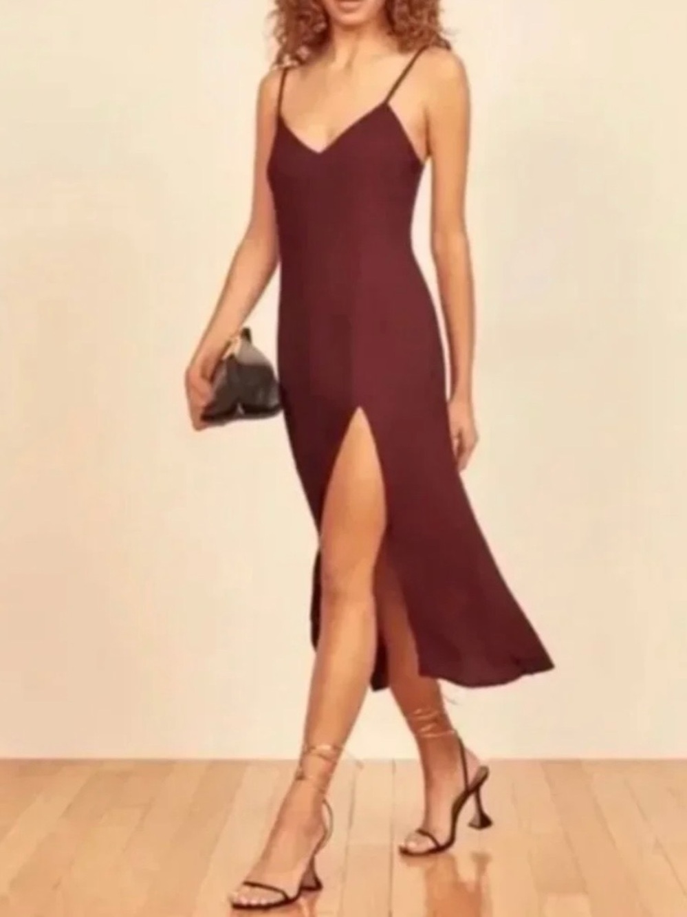 Spaghetti Strap Slip Dress with Side Slit - Wine